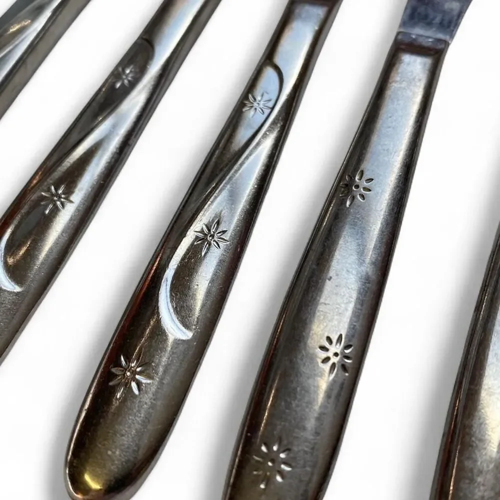 Vintage MCM Midcentury Modern Whimsigoth Set of 8 Silver Knifes Boho Star Motifs